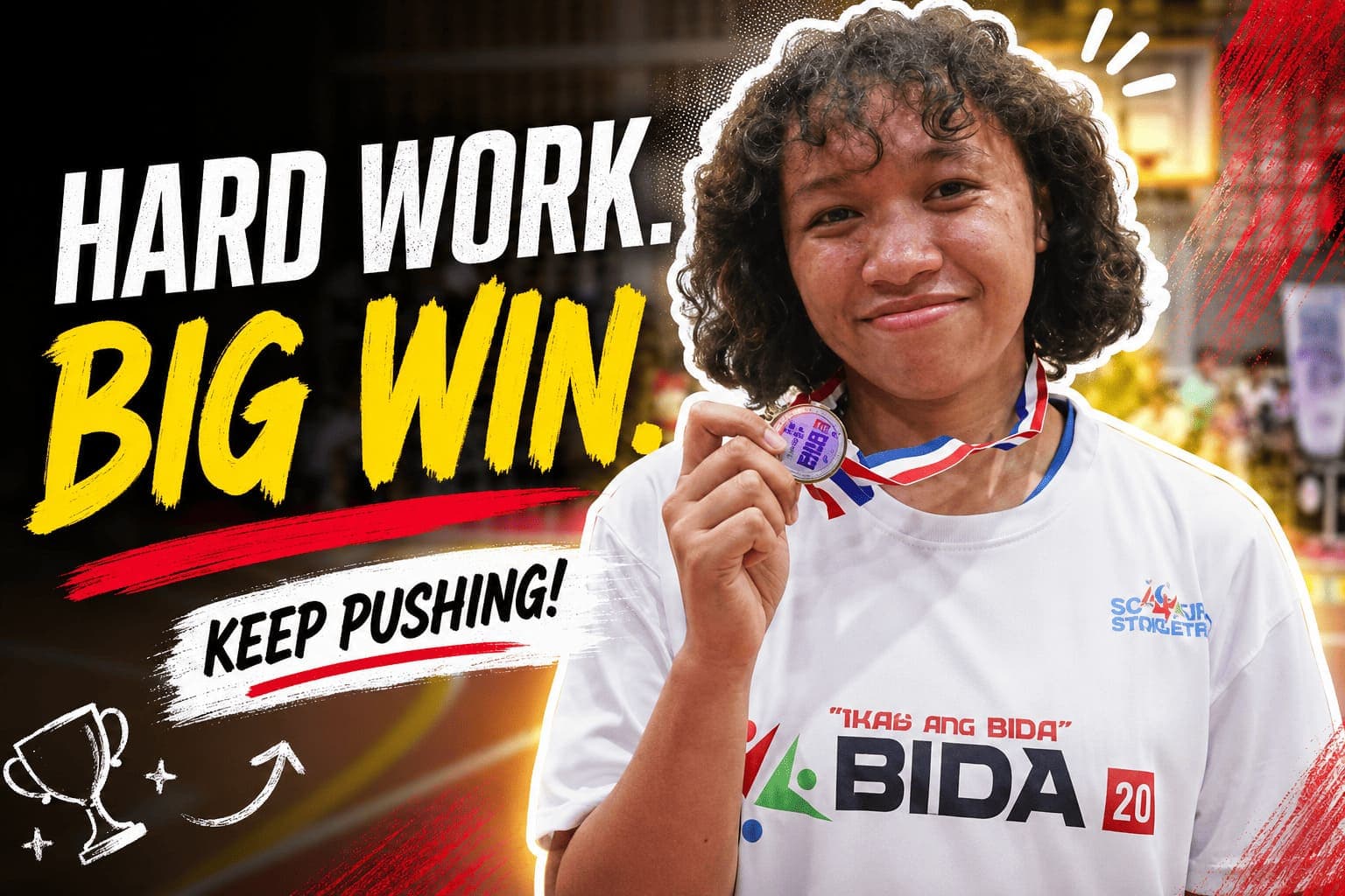 "Hard work. Big win. Keep pushing!" An athlete proudly wears her BIDA Games 2026 medal.